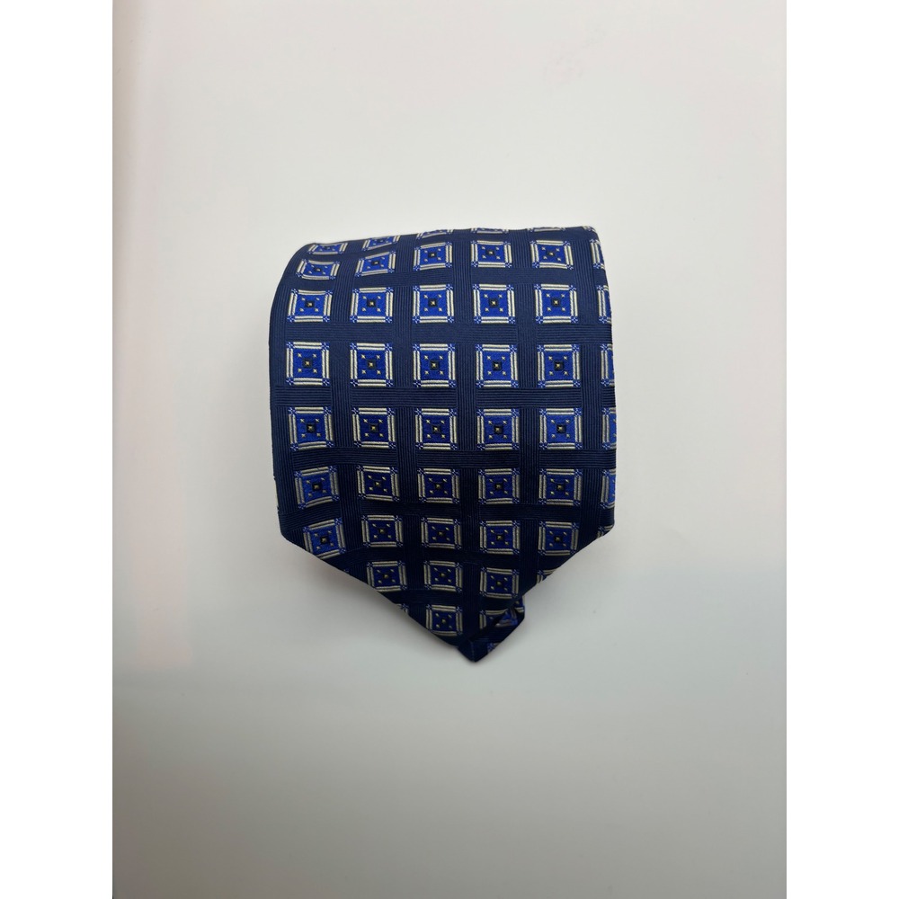 Mark Pendleton Mens Blue Geometric Square Pattern 100% Silk Necktie Made in USA